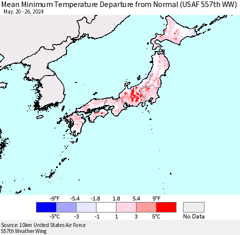 Japan Mean Minimum Temperature Departure from Normal (USAF 557th WW) Thematic Map For 5/20/2024 - 5/26/2024