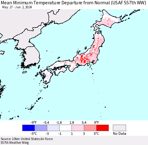 Japan Mean Minimum Temperature Departure from Normal (USAF 557th WW) Thematic Map For 5/27/2024 - 6/2/2024