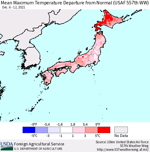 Japan Mean Maximum Temperature Departure from Normal (USAF 557th WW) Thematic Map For 12/6/2021 - 12/12/2021