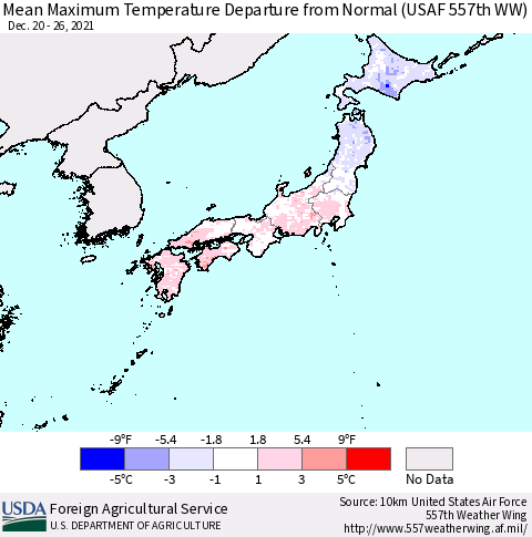 Japan Mean Maximum Temperature Departure from Normal (USAF 557th WW) Thematic Map For 12/20/2021 - 12/26/2021