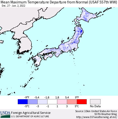 Japan Mean Maximum Temperature Departure from Normal (USAF 557th WW) Thematic Map For 12/27/2021 - 1/2/2022