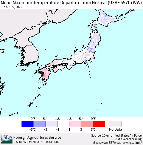 Japan Mean Maximum Temperature Departure from Normal (USAF 557th WW) Thematic Map For 1/3/2022 - 1/9/2022