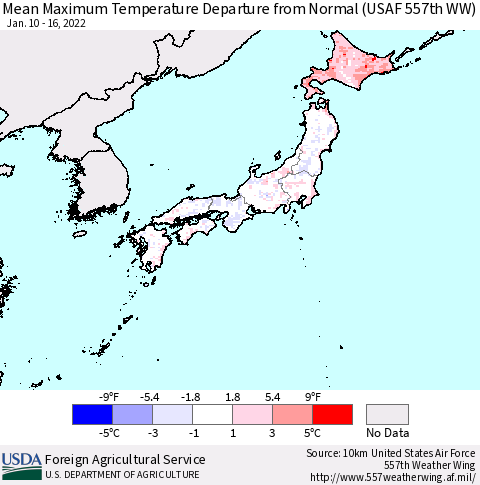 Japan Mean Maximum Temperature Departure from Normal (USAF 557th WW) Thematic Map For 1/10/2022 - 1/16/2022