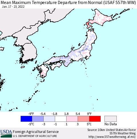 Japan Mean Maximum Temperature Departure from Normal (USAF 557th WW) Thematic Map For 1/17/2022 - 1/23/2022