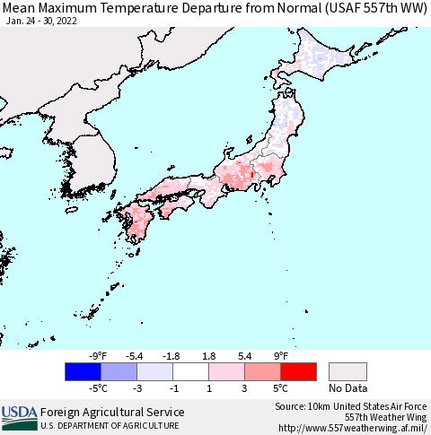 Japan Mean Maximum Temperature Departure from Normal (USAF 557th WW) Thematic Map For 1/24/2022 - 1/30/2022