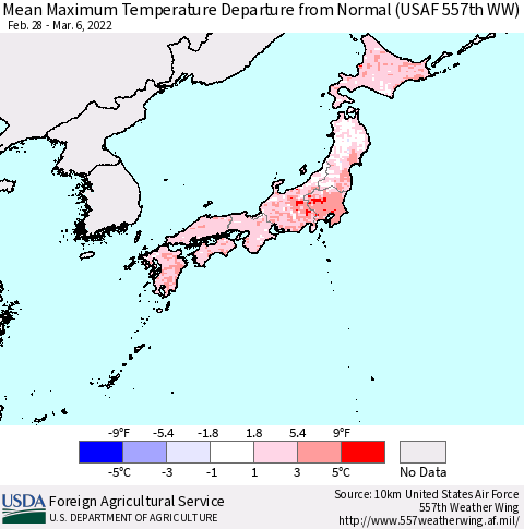Japan Mean Maximum Temperature Departure from Normal (USAF 557th WW) Thematic Map For 2/28/2022 - 3/6/2022