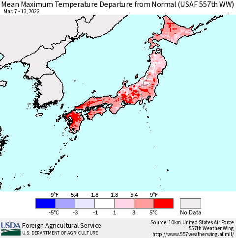 Japan Mean Maximum Temperature Departure from Normal (USAF 557th WW) Thematic Map For 3/7/2022 - 3/13/2022