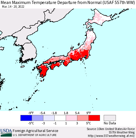 Japan Mean Maximum Temperature Departure from Normal (USAF 557th WW) Thematic Map For 3/14/2022 - 3/20/2022