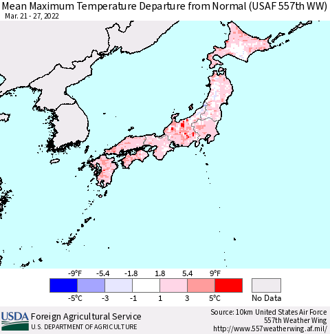 Japan Mean Maximum Temperature Departure from Normal (USAF 557th WW) Thematic Map For 3/21/2022 - 3/27/2022