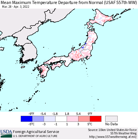 Japan Mean Maximum Temperature Departure from Normal (USAF 557th WW) Thematic Map For 3/28/2022 - 4/3/2022