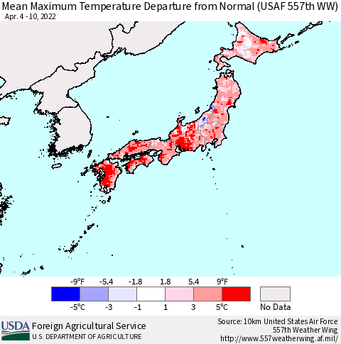 Japan Mean Maximum Temperature Departure from Normal (USAF 557th WW) Thematic Map For 4/4/2022 - 4/10/2022