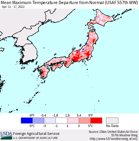 Japan Mean Maximum Temperature Departure from Normal (USAF 557th WW) Thematic Map For 4/11/2022 - 4/17/2022
