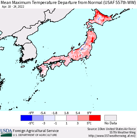 Japan Mean Maximum Temperature Departure from Normal (USAF 557th WW) Thematic Map For 4/18/2022 - 4/24/2022