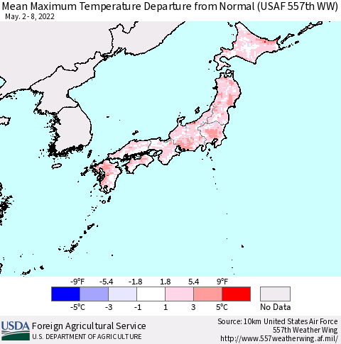 Japan Mean Maximum Temperature Departure from Normal (USAF 557th WW) Thematic Map For 5/2/2022 - 5/8/2022