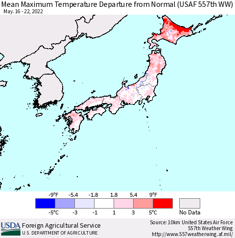 Japan Mean Maximum Temperature Departure from Normal (USAF 557th WW) Thematic Map For 5/16/2022 - 5/22/2022