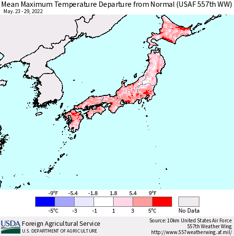 Japan Mean Maximum Temperature Departure from Normal (USAF 557th WW) Thematic Map For 5/23/2022 - 5/29/2022
