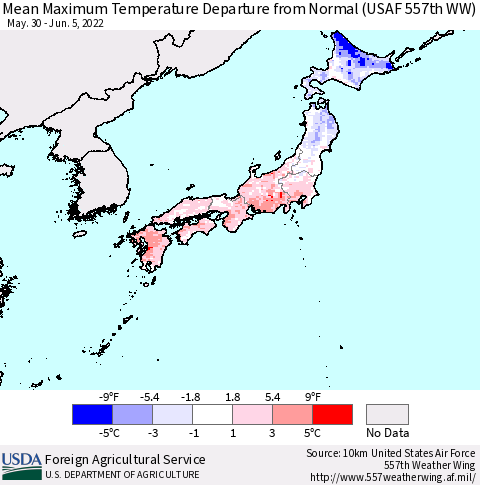 Japan Mean Maximum Temperature Departure from Normal (USAF 557th WW) Thematic Map For 5/30/2022 - 6/5/2022