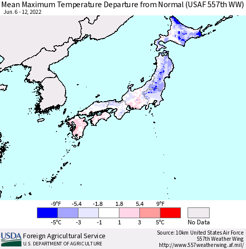 Japan Mean Maximum Temperature Departure from Normal (USAF 557th WW) Thematic Map For 6/6/2022 - 6/12/2022