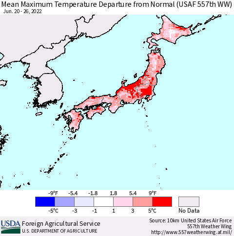 Japan Mean Maximum Temperature Departure from Normal (USAF 557th WW) Thematic Map For 6/20/2022 - 6/26/2022