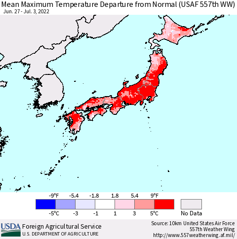 Japan Mean Maximum Temperature Departure from Normal (USAF 557th WW) Thematic Map For 6/27/2022 - 7/3/2022