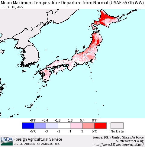 Japan Mean Maximum Temperature Departure from Normal (USAF 557th WW) Thematic Map For 7/4/2022 - 7/10/2022