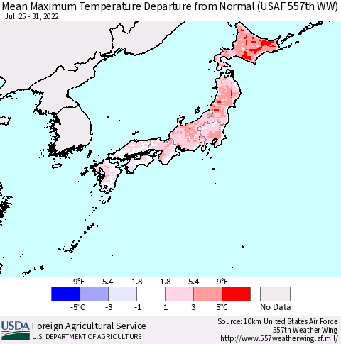 Japan Mean Maximum Temperature Departure from Normal (USAF 557th WW) Thematic Map For 7/25/2022 - 7/31/2022