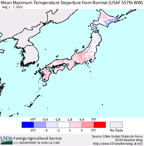 Japan Mean Maximum Temperature Departure from Normal (USAF 557th WW) Thematic Map For 8/1/2022 - 8/7/2022