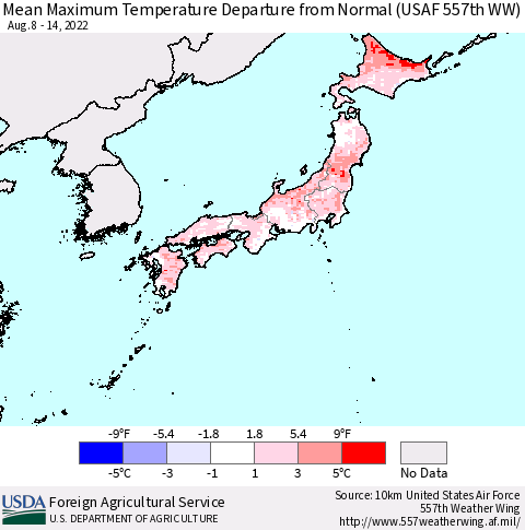 Japan Mean Maximum Temperature Departure from Normal (USAF 557th WW) Thematic Map For 8/8/2022 - 8/14/2022