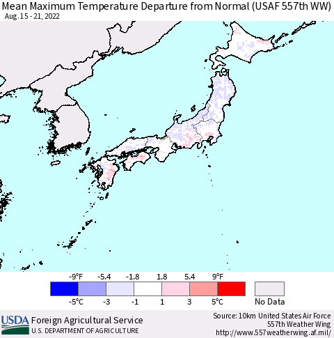 Japan Mean Maximum Temperature Departure from Normal (USAF 557th WW) Thematic Map For 8/15/2022 - 8/21/2022