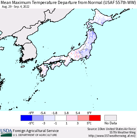 Japan Mean Maximum Temperature Departure from Normal (USAF 557th WW) Thematic Map For 8/29/2022 - 9/4/2022