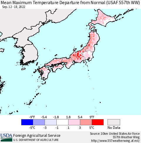 Japan Mean Maximum Temperature Departure from Normal (USAF 557th WW) Thematic Map For 9/12/2022 - 9/18/2022