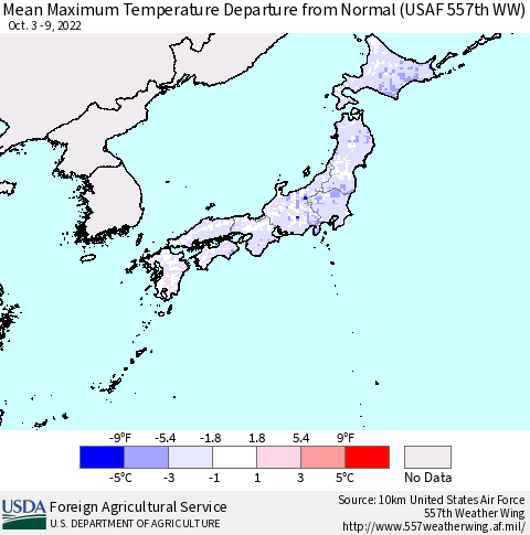 Japan Mean Maximum Temperature Departure from Normal (USAF 557th WW) Thematic Map For 10/3/2022 - 10/9/2022