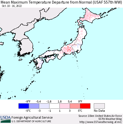 Japan Mean Maximum Temperature Departure from Normal (USAF 557th WW) Thematic Map For 10/10/2022 - 10/16/2022