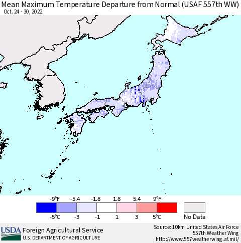 Japan Mean Maximum Temperature Departure from Normal (USAF 557th WW) Thematic Map For 10/24/2022 - 10/30/2022