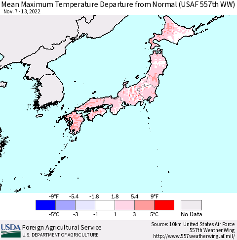 Japan Mean Maximum Temperature Departure from Normal (USAF 557th WW) Thematic Map For 11/7/2022 - 11/13/2022