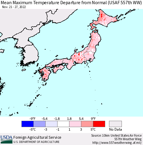 Japan Mean Maximum Temperature Departure from Normal (USAF 557th WW) Thematic Map For 11/21/2022 - 11/27/2022