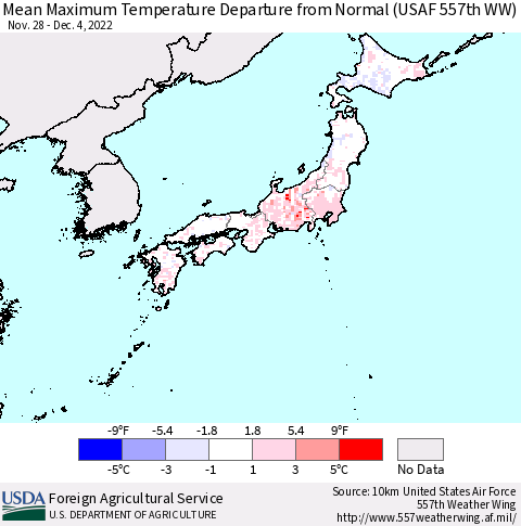 Japan Mean Maximum Temperature Departure from Normal (USAF 557th WW) Thematic Map For 11/28/2022 - 12/4/2022