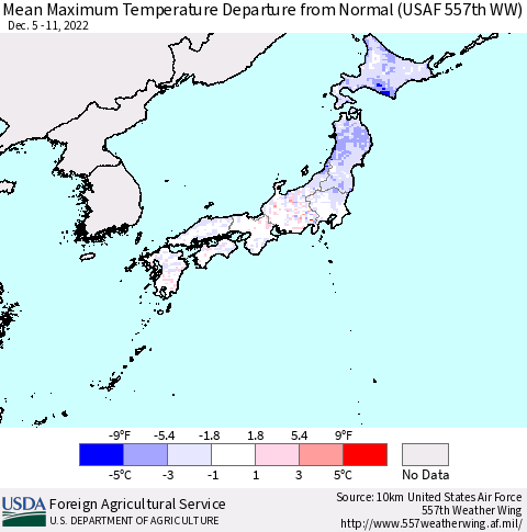 Japan Mean Maximum Temperature Departure from Normal (USAF 557th WW) Thematic Map For 12/5/2022 - 12/11/2022