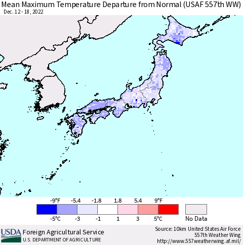 Japan Mean Maximum Temperature Departure from Normal (USAF 557th WW) Thematic Map For 12/12/2022 - 12/18/2022