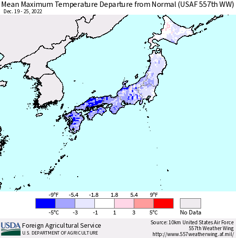 Japan Mean Maximum Temperature Departure from Normal (USAF 557th WW) Thematic Map For 12/19/2022 - 12/25/2022