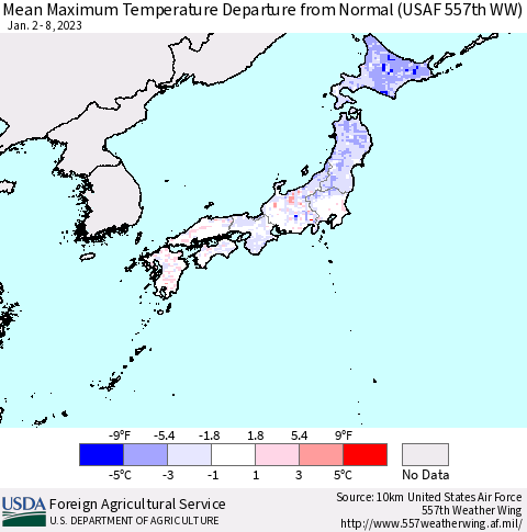 Japan Mean Maximum Temperature Departure from Normal (USAF 557th WW) Thematic Map For 1/2/2023 - 1/8/2023