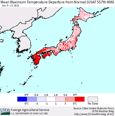 Japan Mean Maximum Temperature Departure from Normal (USAF 557th WW) Thematic Map For 1/9/2023 - 1/15/2023