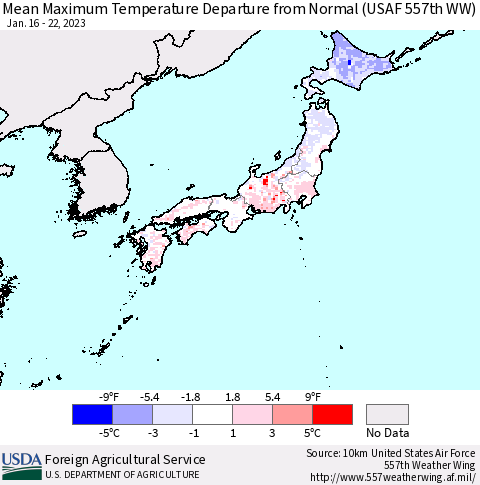 Japan Mean Maximum Temperature Departure from Normal (USAF 557th WW) Thematic Map For 1/16/2023 - 1/22/2023