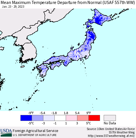 Japan Mean Maximum Temperature Departure from Normal (USAF 557th WW) Thematic Map For 1/23/2023 - 1/29/2023