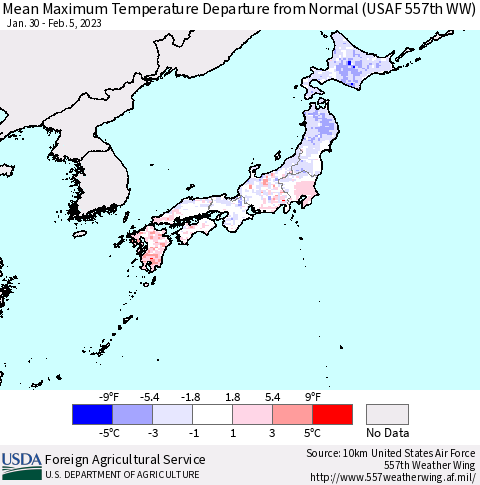 Japan Mean Maximum Temperature Departure from Normal (USAF 557th WW) Thematic Map For 1/30/2023 - 2/5/2023