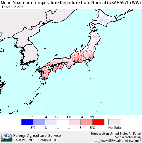 Japan Mean Maximum Temperature Departure from Normal (USAF 557th WW) Thematic Map For 2/6/2023 - 2/12/2023