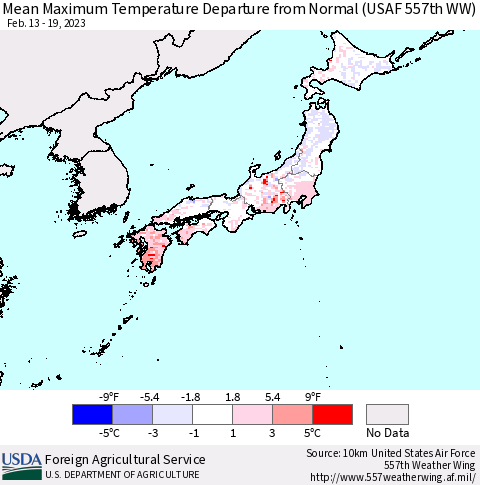 Japan Mean Maximum Temperature Departure from Normal (USAF 557th WW) Thematic Map For 2/13/2023 - 2/19/2023