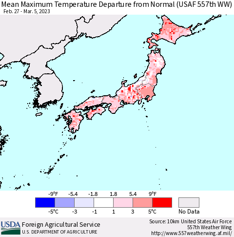 Japan Mean Maximum Temperature Departure from Normal (USAF 557th WW) Thematic Map For 2/27/2023 - 3/5/2023