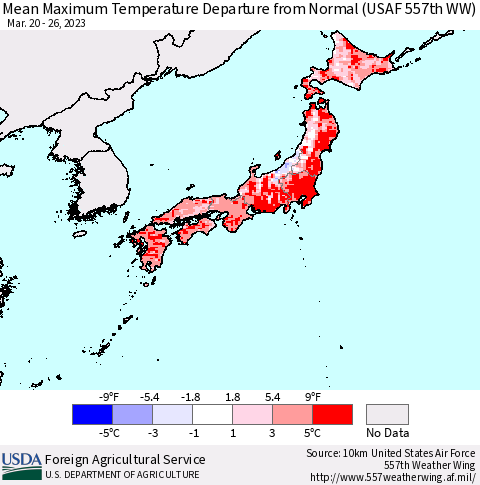 Japan Mean Maximum Temperature Departure from Normal (USAF 557th WW) Thematic Map For 3/20/2023 - 3/26/2023
