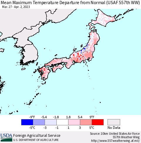 Japan Mean Maximum Temperature Departure from Normal (USAF 557th WW) Thematic Map For 3/27/2023 - 4/2/2023